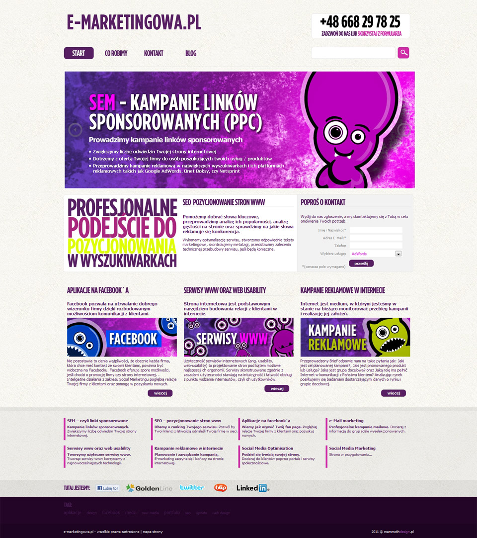 strona www dla e-marketingowa.pl zaprojektowania przez MammothDesign.pl w 2011r.